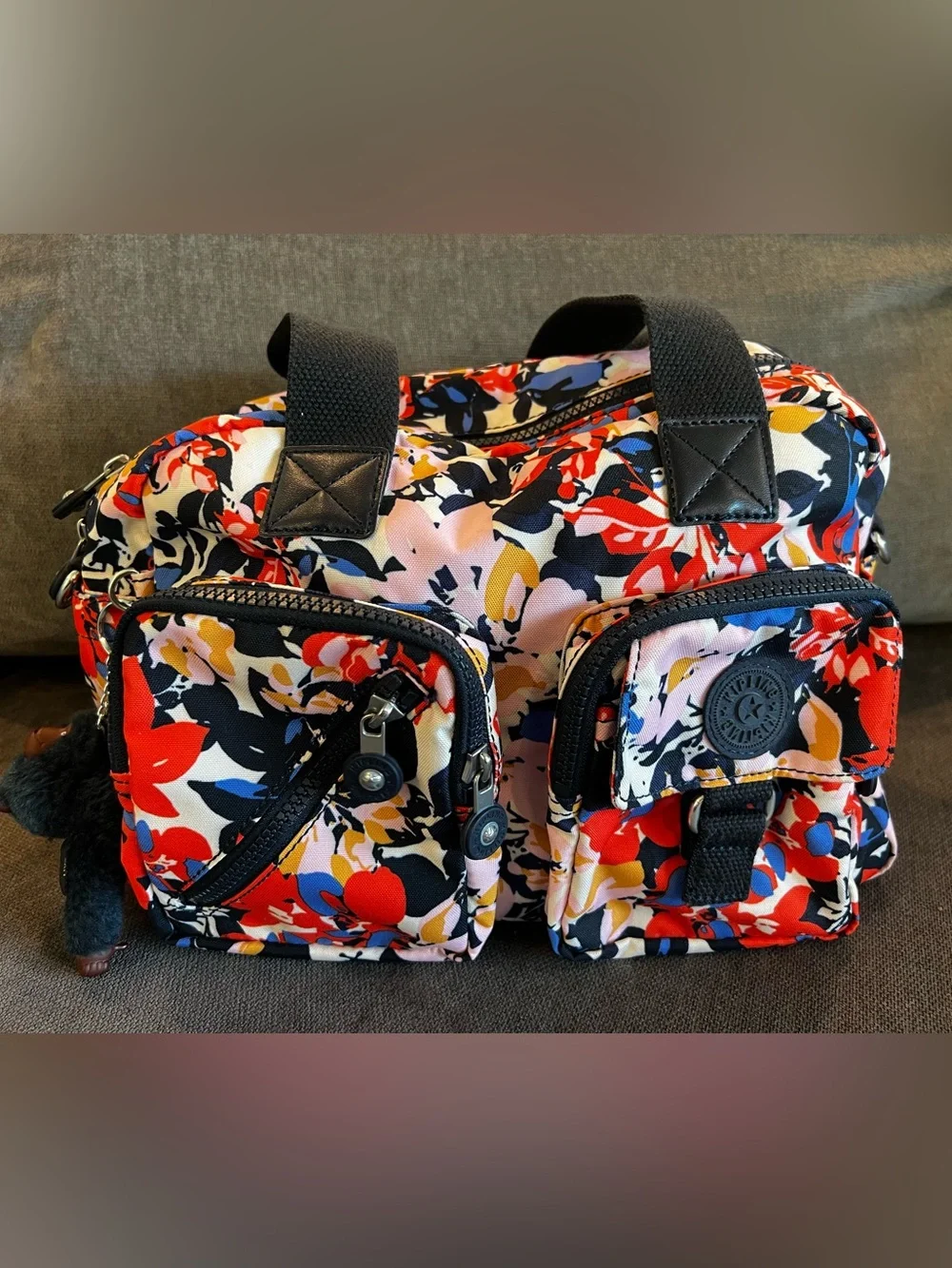 Kipling Floral Multi Pocket Satchel Handbag Monkey Charm RARE STYLE EUC